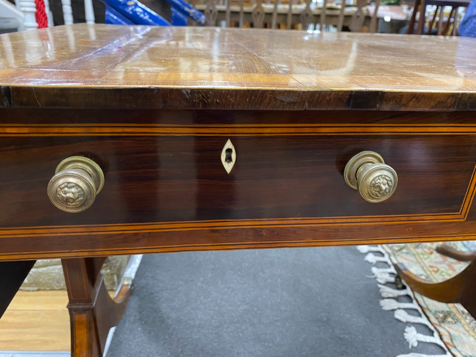 A George III satinwood banded faded rosewood sofa table, width 92cm, depth 69cm, height 74cm